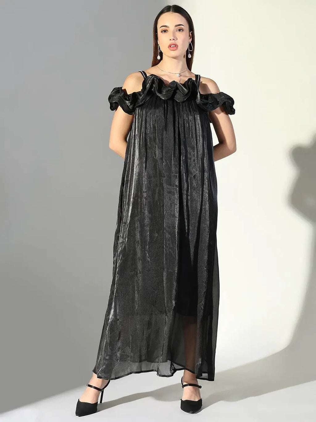 Women's Ruffle Embellished Off Shoulder Black Maxi Dress