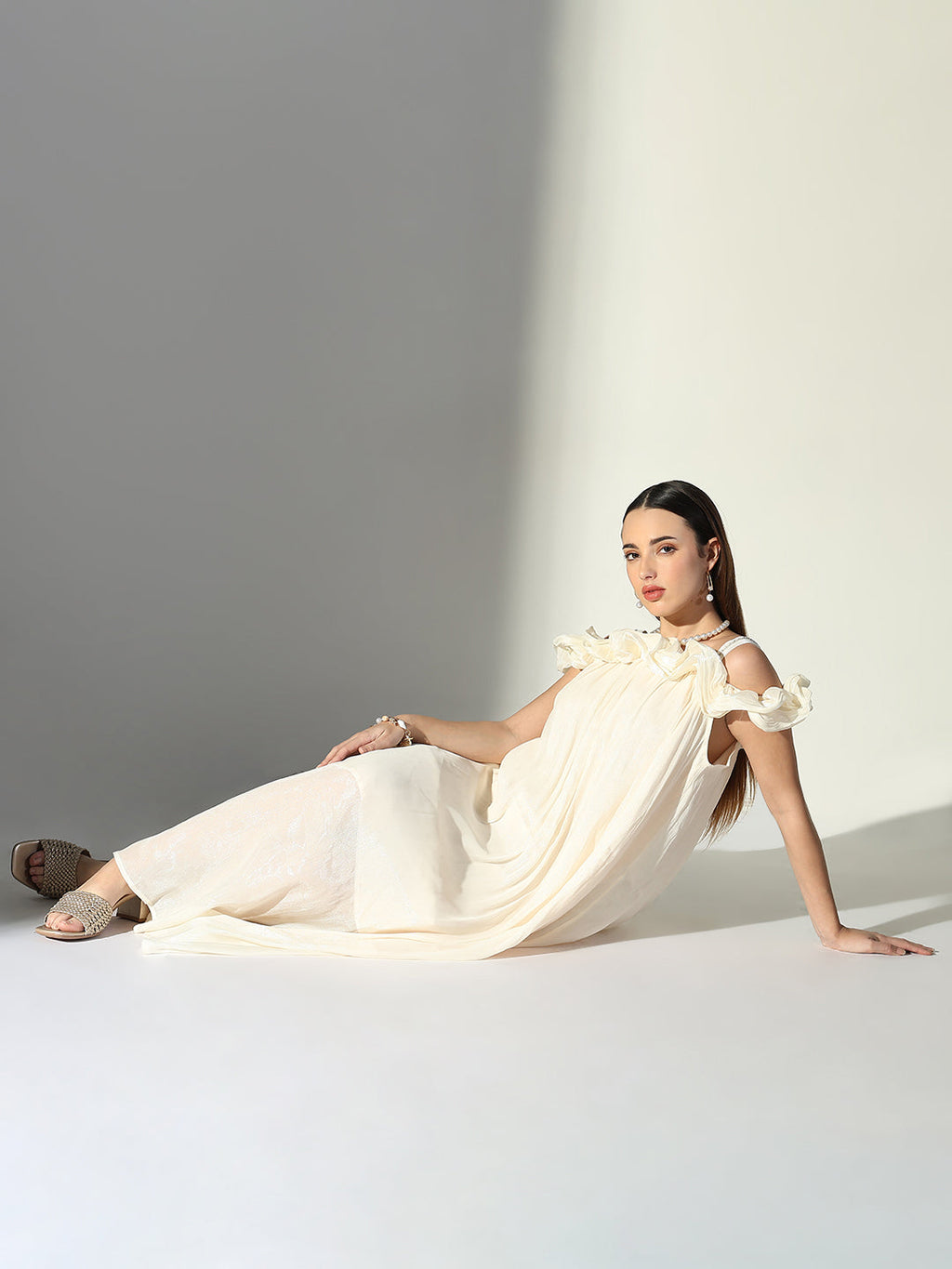 Women's Ruffle Embellished Off Shoulder Cream Maxi Dress
