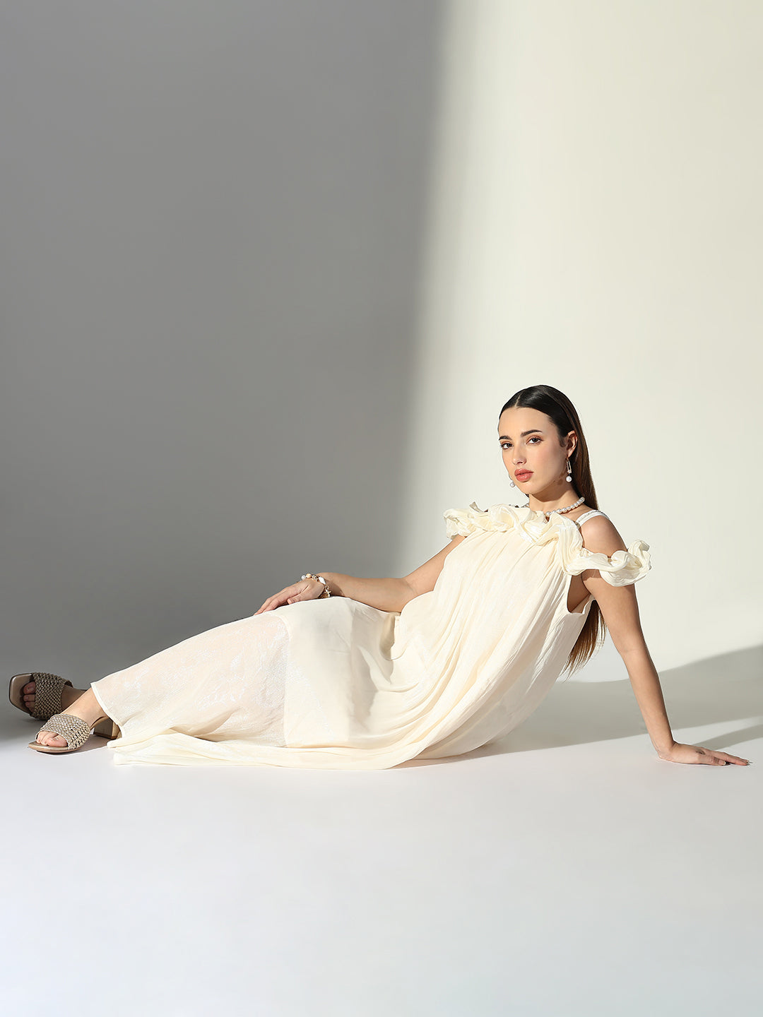 Women's Ruffle Embellished Off Shoulder Cream Maxi Dress