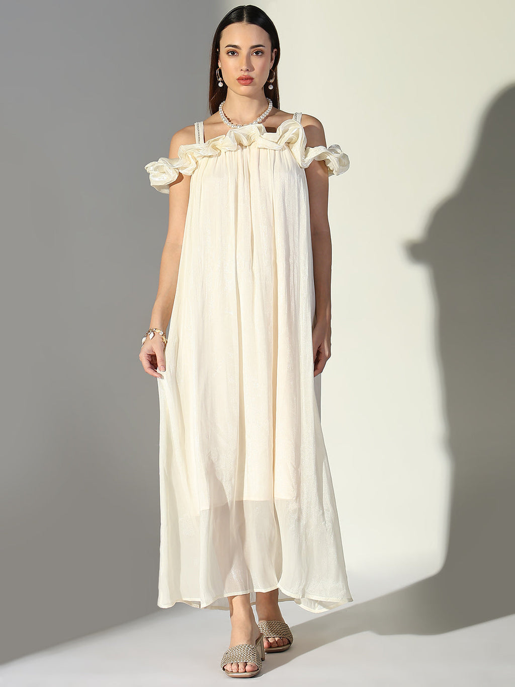 Women's Ruffle Embellished Off Shoulder Cream Maxi Dress