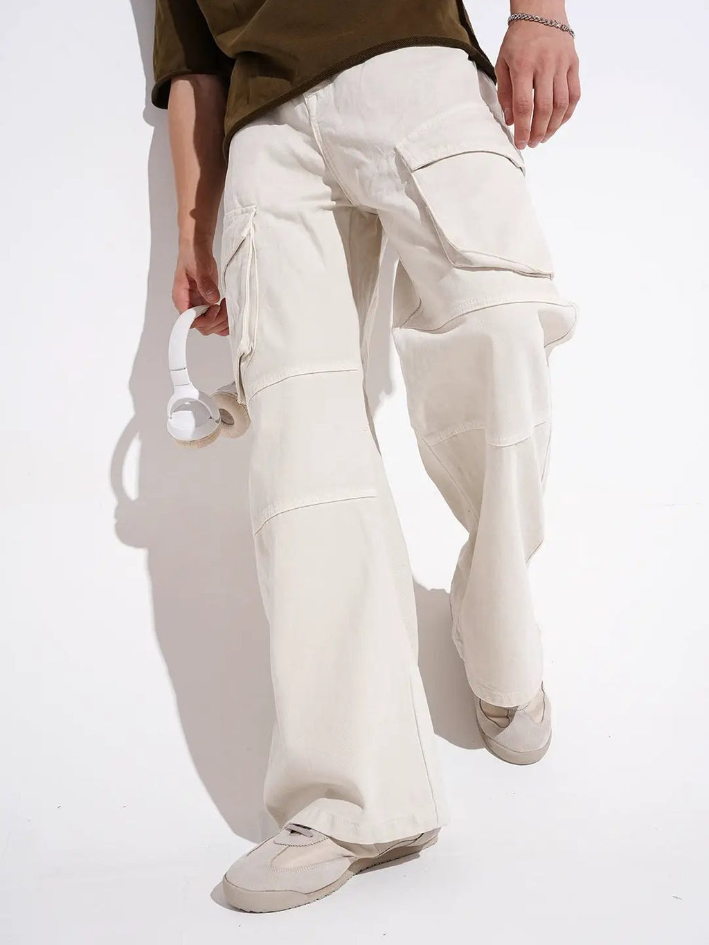 Men's Cream Wide Leg Cargo Fit Jeans