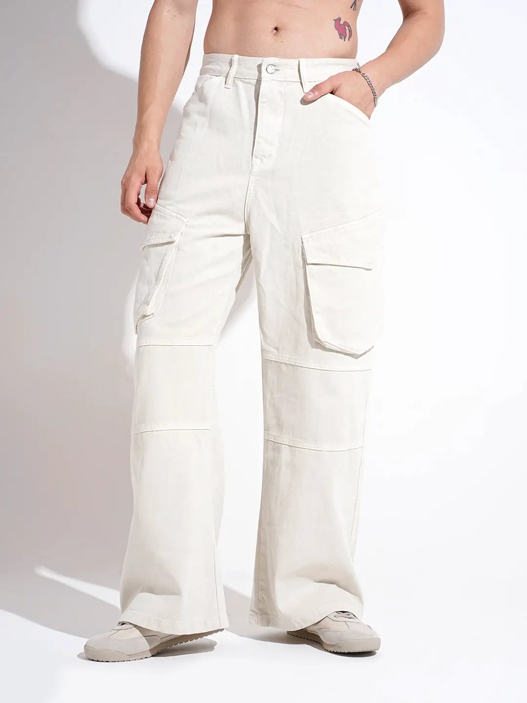 Men's Cream Wide Leg Cargo Fit Jeans