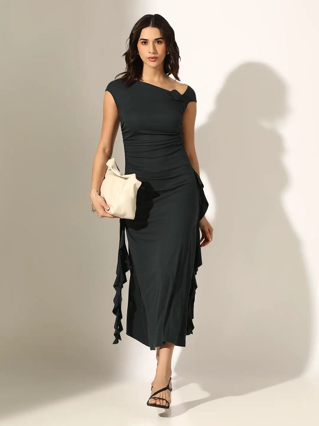 Women's Ruched Green Off Shoulder Dress with Flower Ruffles
