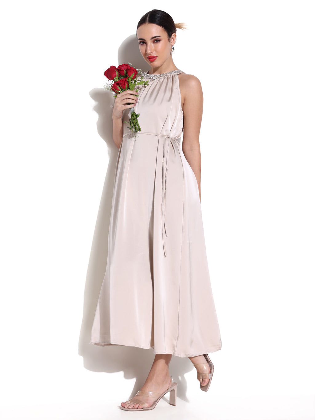 Women's Embellished Neck Cream Dress with Waist Tie