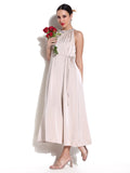 Women's Embellished Neck Cream Dress with Waist Tie