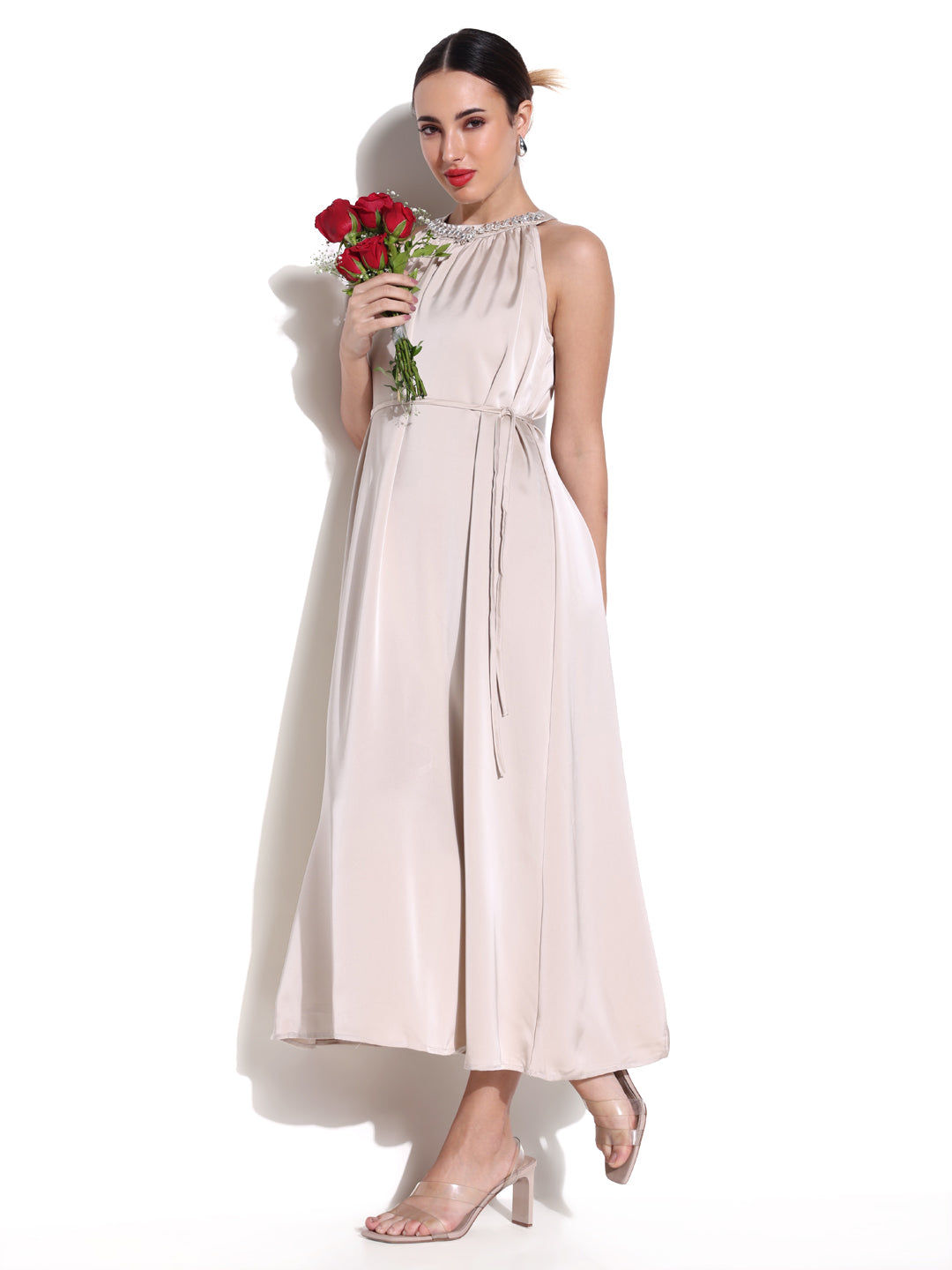 Women's Embellished Neck Cream Dress with Waist Tie
