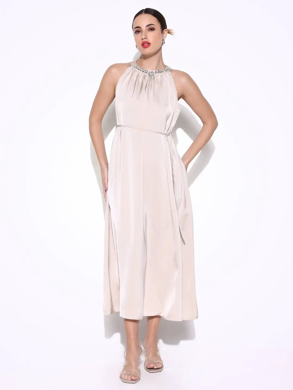 Women's Embellished Neck Cream Dress with Waist Tie