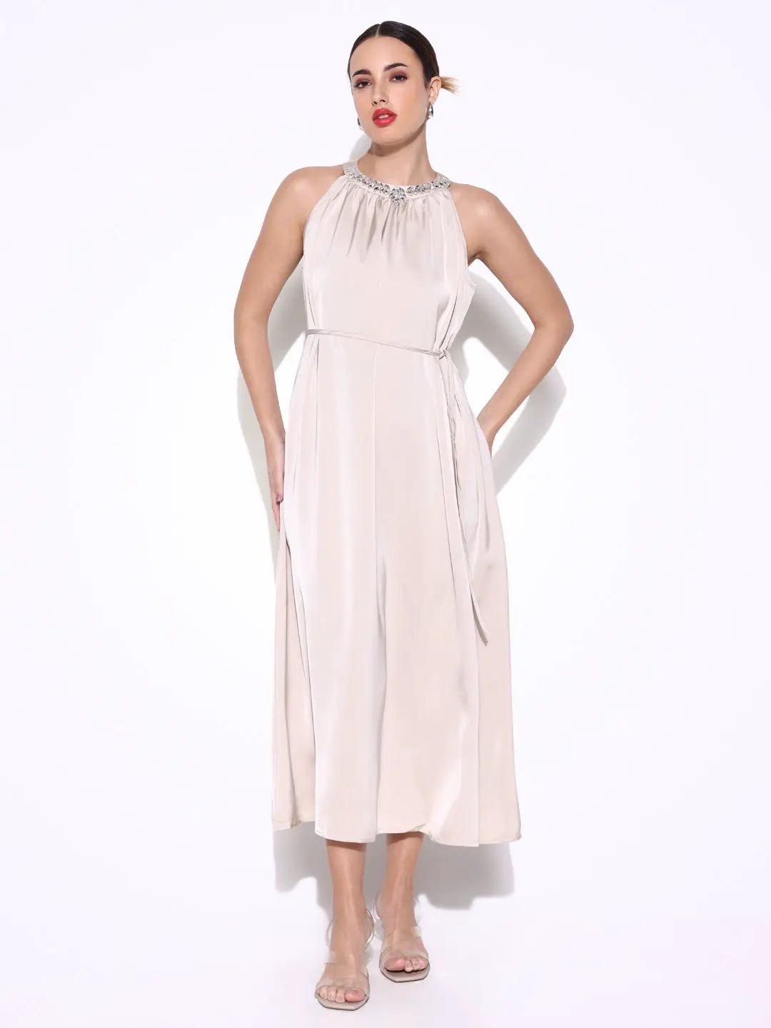 Women's Embellished Neck Cream Dress with Waist Tie