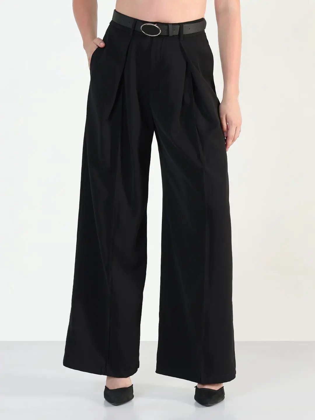Women's Black Relaxed Fit Korean Pants with Belt