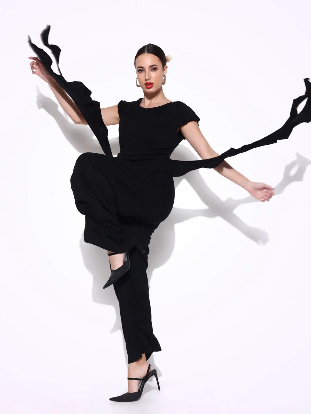 Women's Black Co-Ords Set with Ruffle Detail