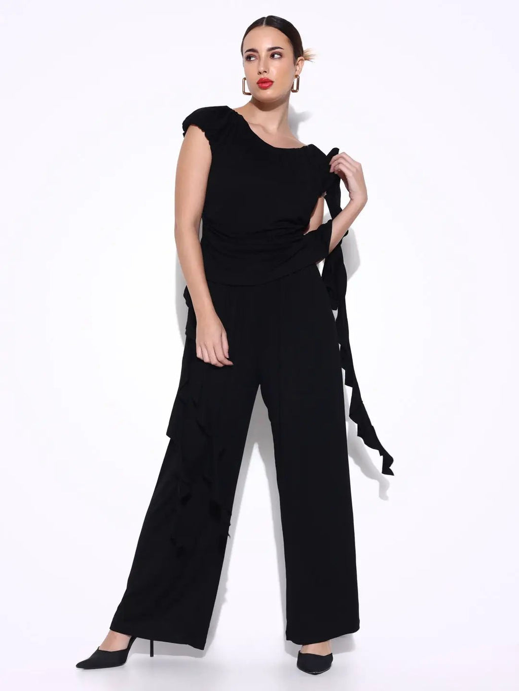Women's Black Co-Ords Set with Ruffle Detail