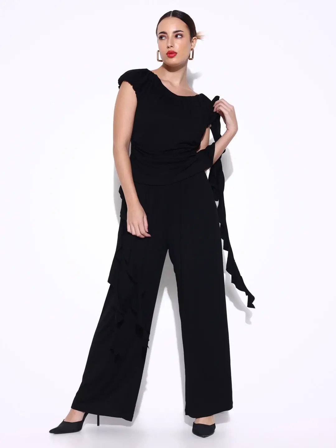 Women's Black Co-Ords Set with Ruffle Detail