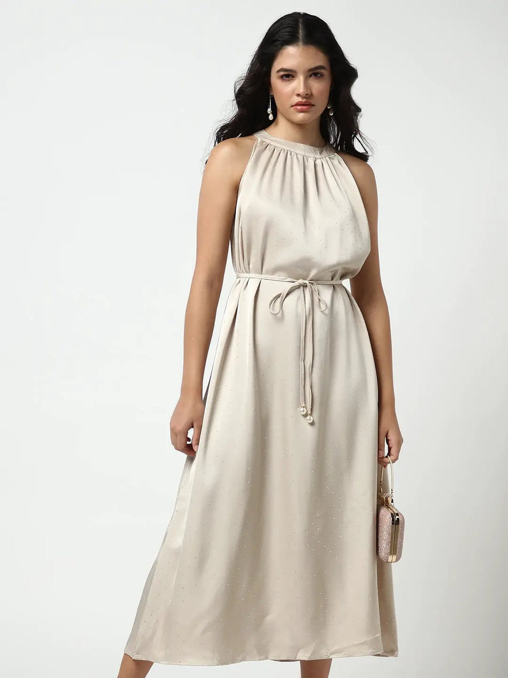 Women's Embellished Beige High Neck Satin Dress with waist Tie