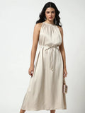 Women's Embellished Beige High Neck Satin Dress with waist Tie