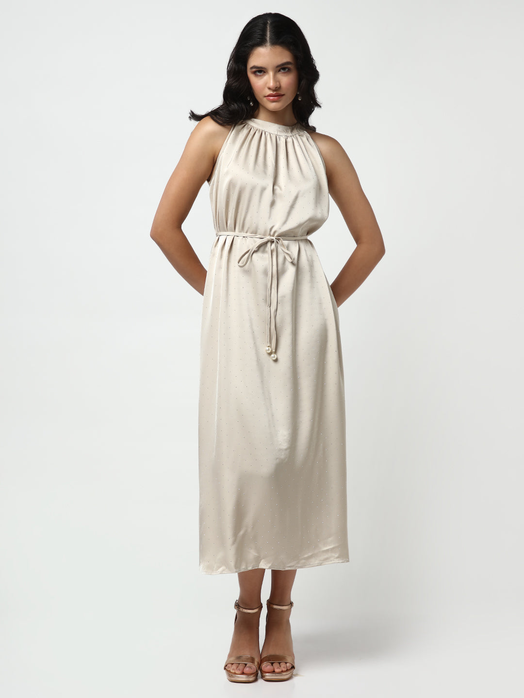 Women's Embellished Beige High Neck Satin Dress with waist Tie