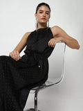 Women's Embellished Black High Neck Satin Dress with waist Tie