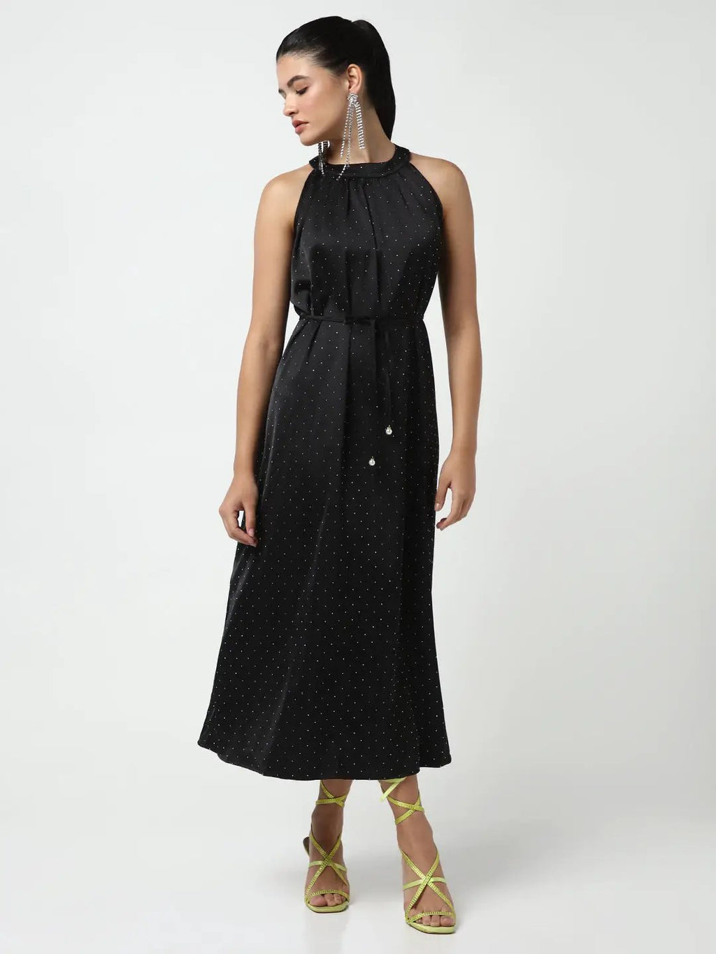 Women's Embellished Black High Neck Satin Dress with waist Tie