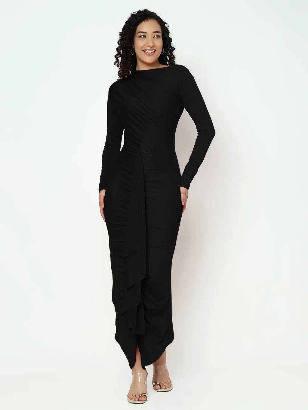Women's Black Long Sleeve Ruched Bodycon Maxi Dress with Ruffles