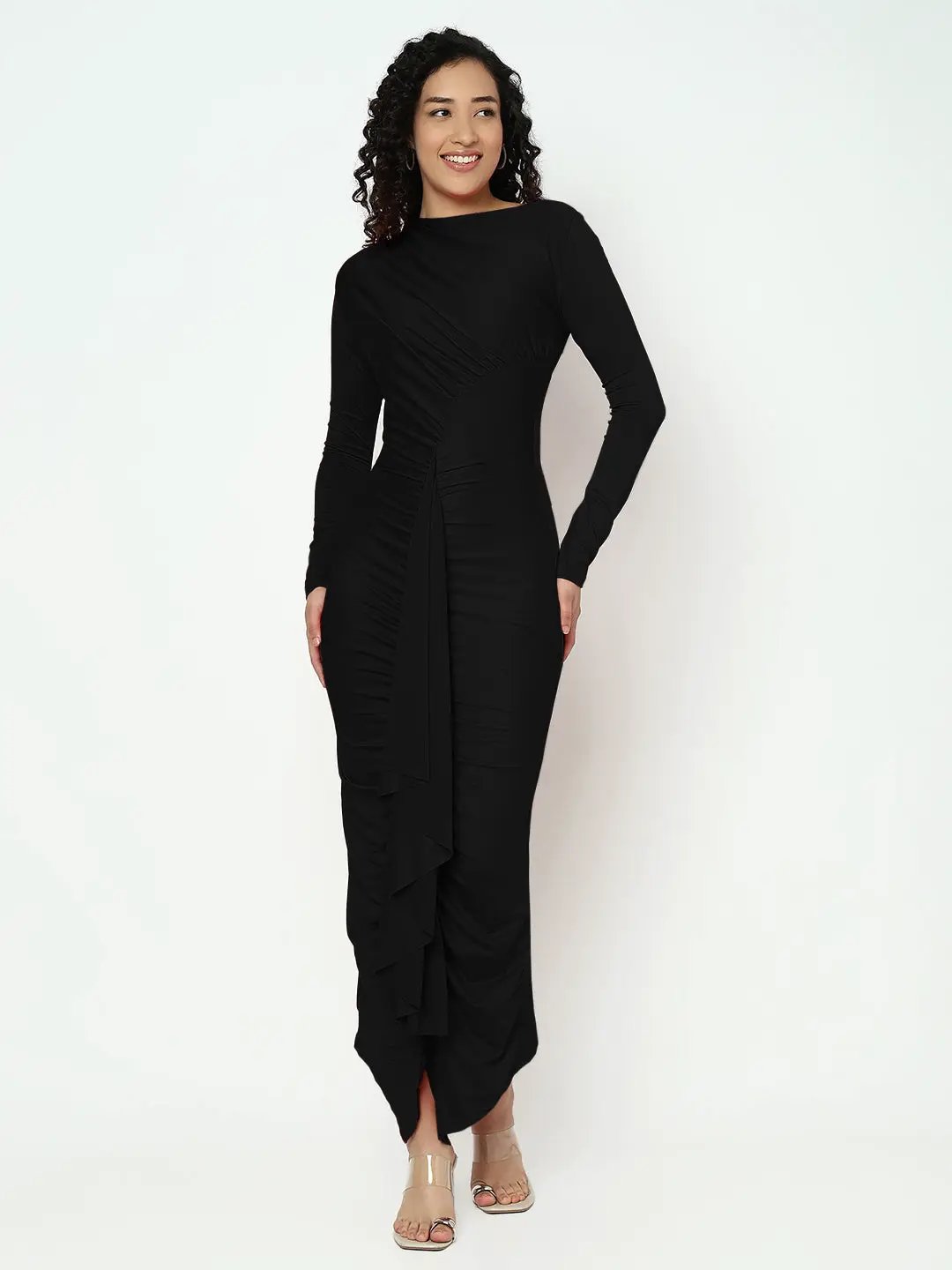Women's Black Long Sleeve Ruched Bodycon Maxi Dress with Ruffles