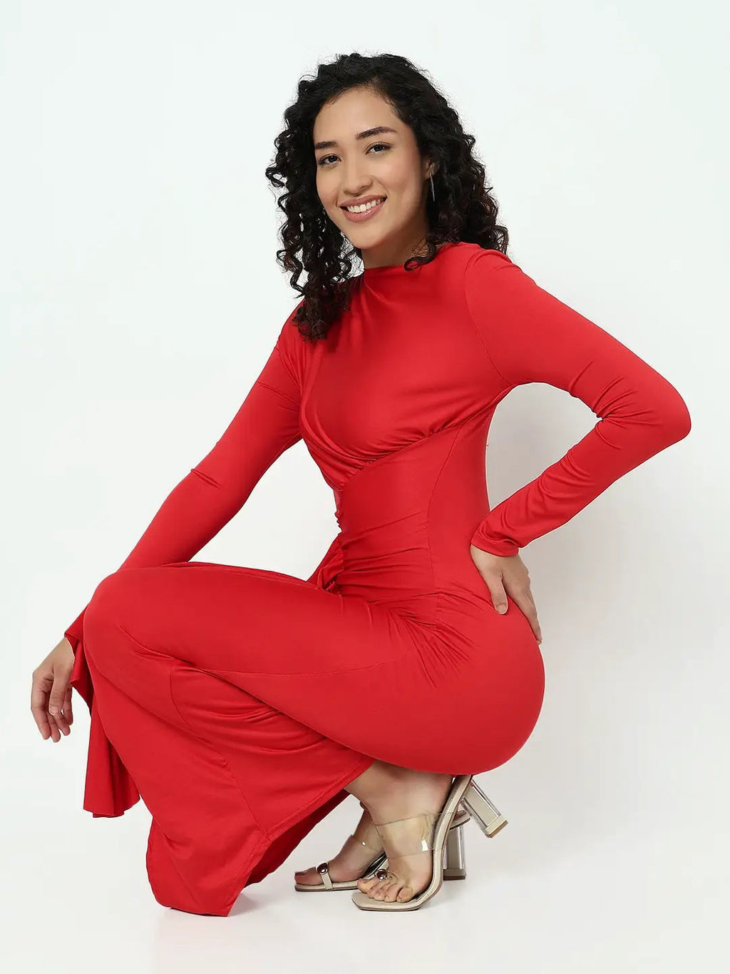 Women's Red Long Sleeve Ruched Bodycon Maxi Dress with Ruffles