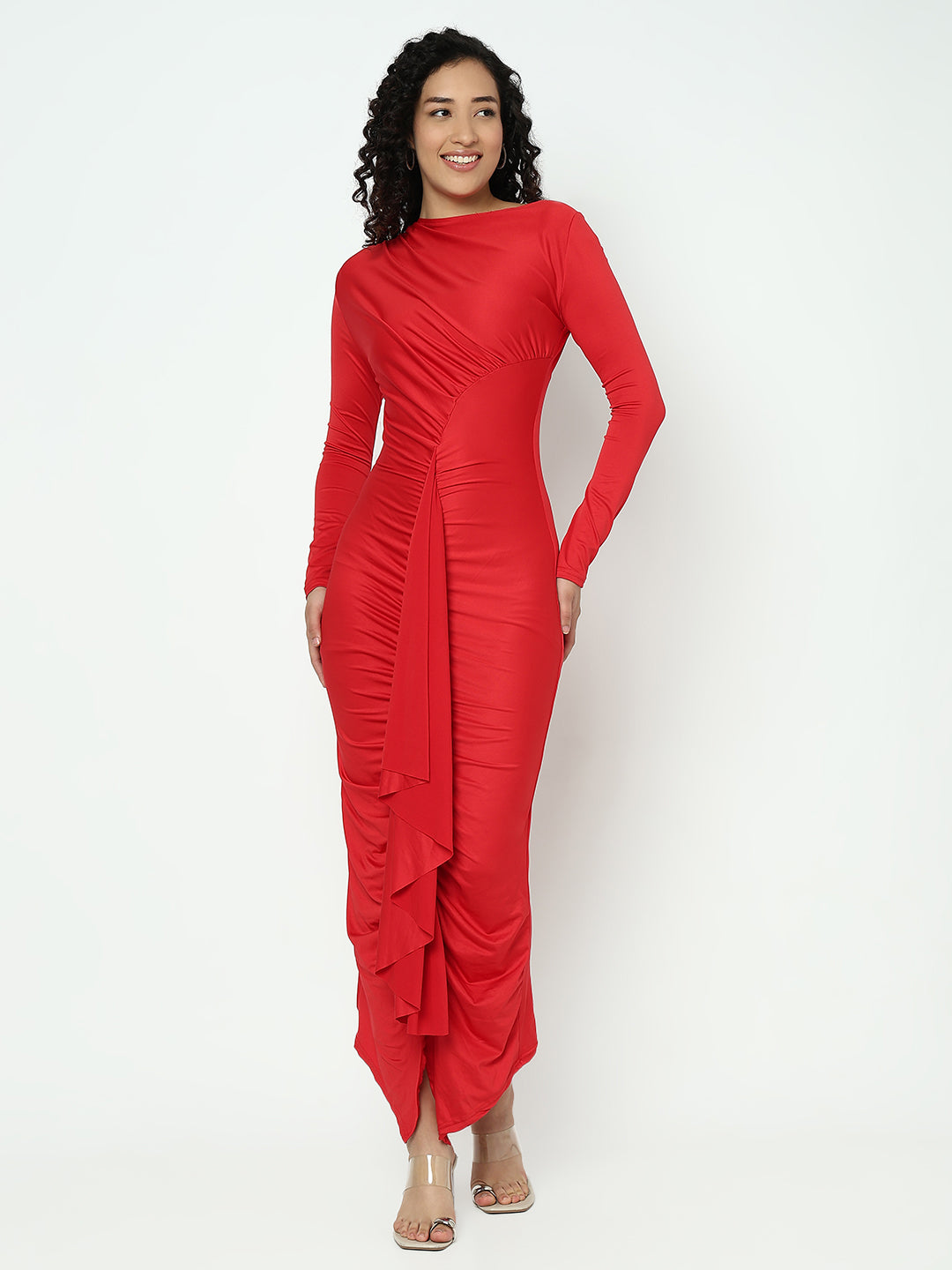 Women's Red Long Sleeve Ruched Bodycon Maxi Dress with Ruffles