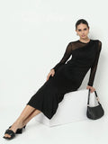 Women's Black Bodycon Maxi Dress with Sheer Sleeve and Side Slit