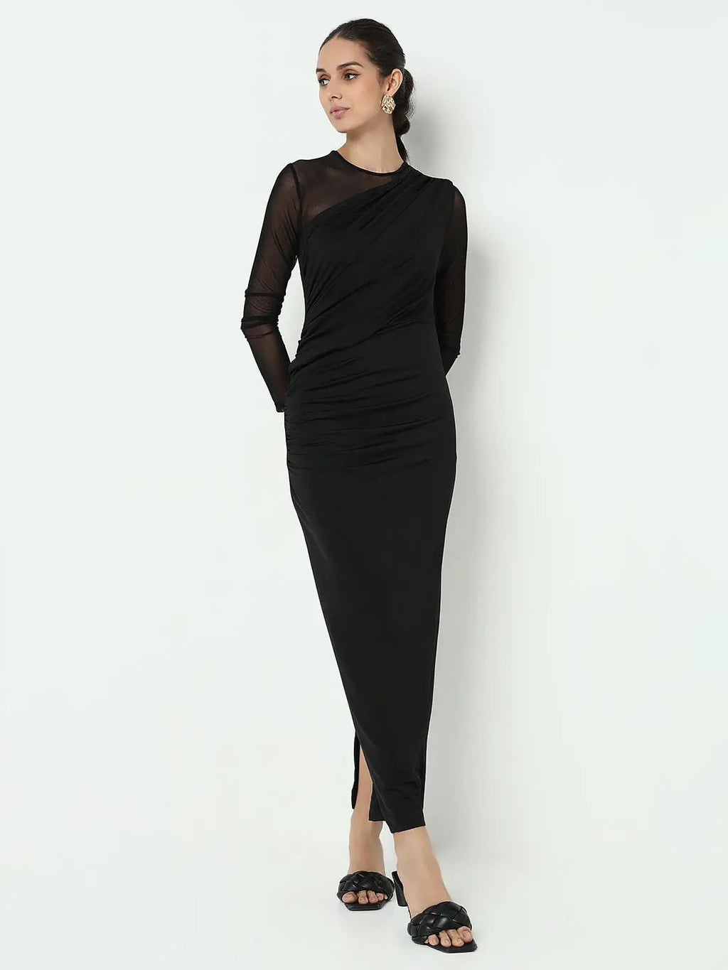 Women's Black Bodycon Maxi Dress with Sheer Sleeve and Side Slit