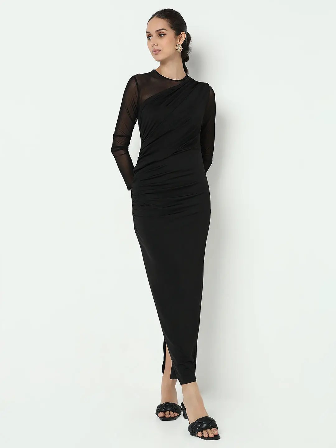 Women's Black Bodycon Maxi Dress with Sheer Sleeve and Side Slit