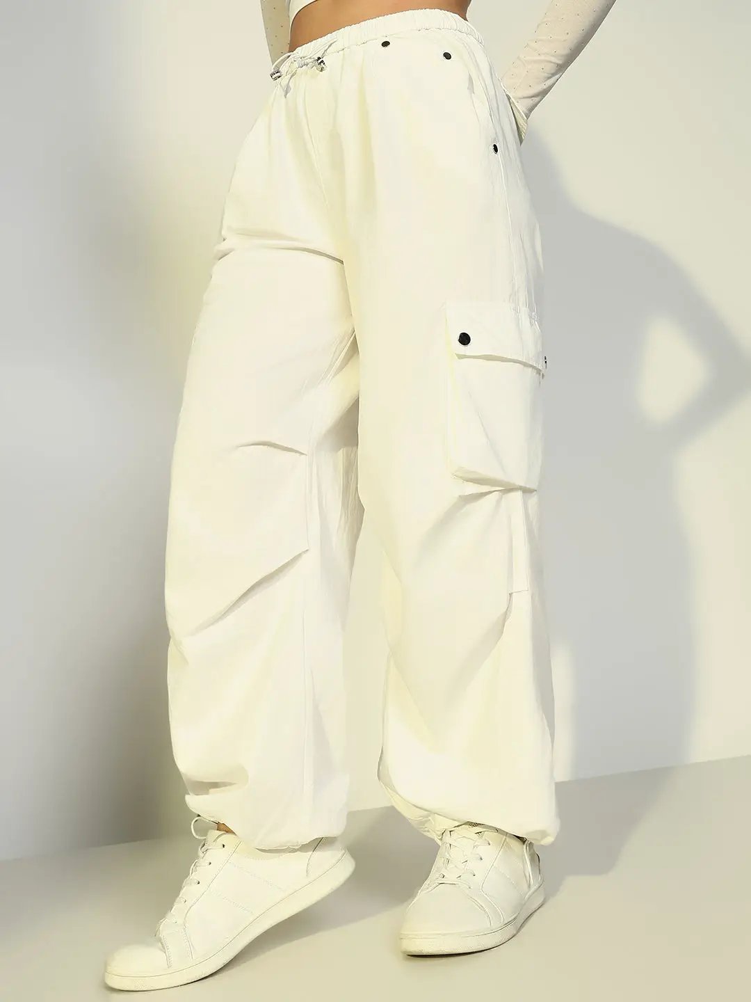 Women's Off White Parachute Cargos with Side Pockets