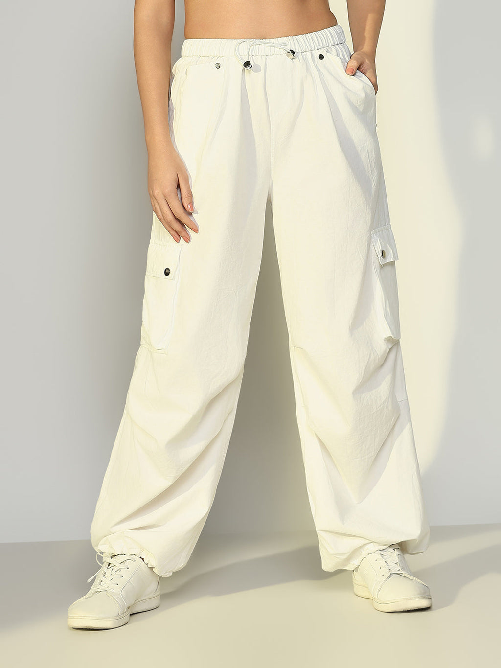 Women's Off White Parachute Cargos with Side Pockets