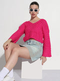 Women's Pink V-Neck Knitted Crop Top