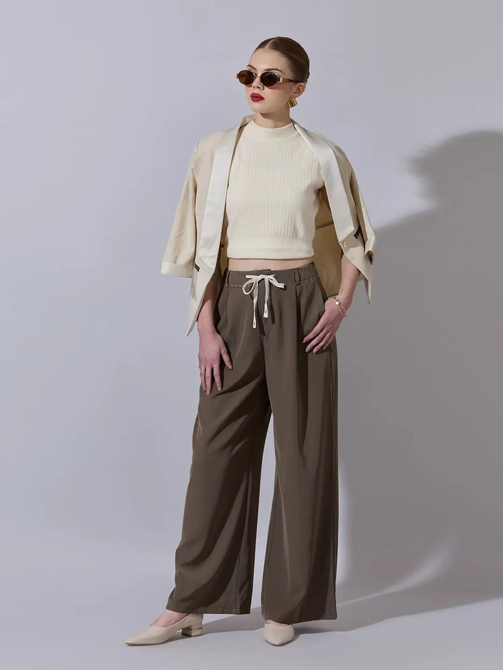 Women's Brown Wide Leg Korean Trousers with Contrast Drawcord and Stitch Details