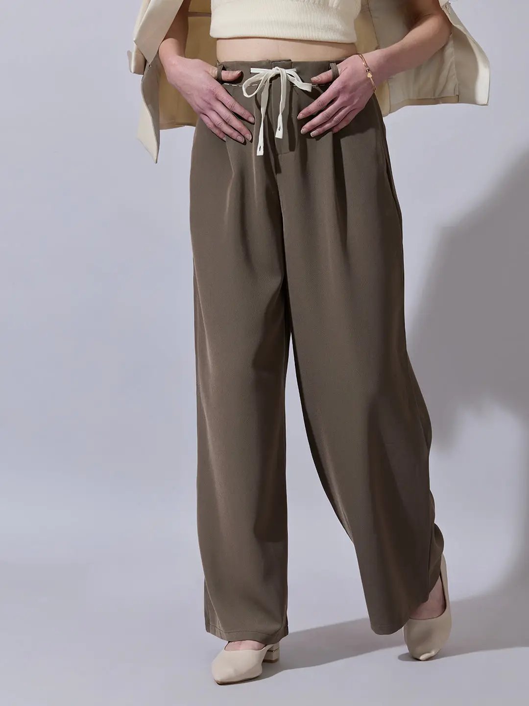 Women's Brown Wide Leg Korean Trousers with Contrast Drawcord and Stitch Details