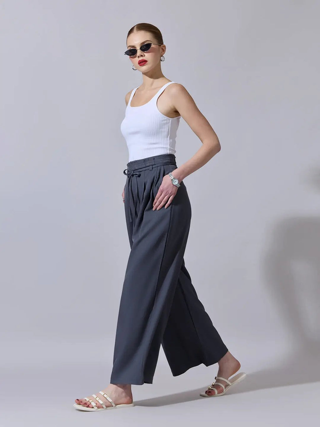 Women's Grey Pleated Wide Leg Formal Trousers