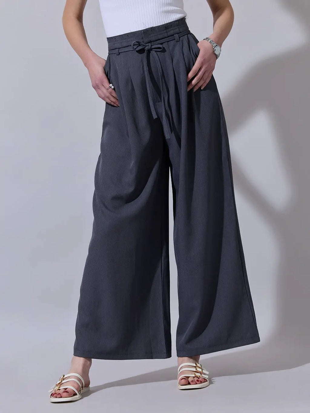 Women's Grey Pleated Wide Leg Formal Trousers
