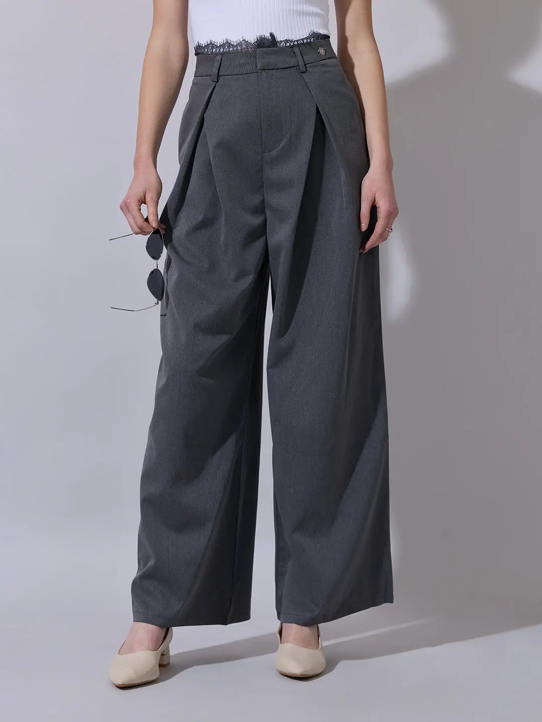 Women's Grey Wide Leg Formal Trousers with Lace Trim Detail