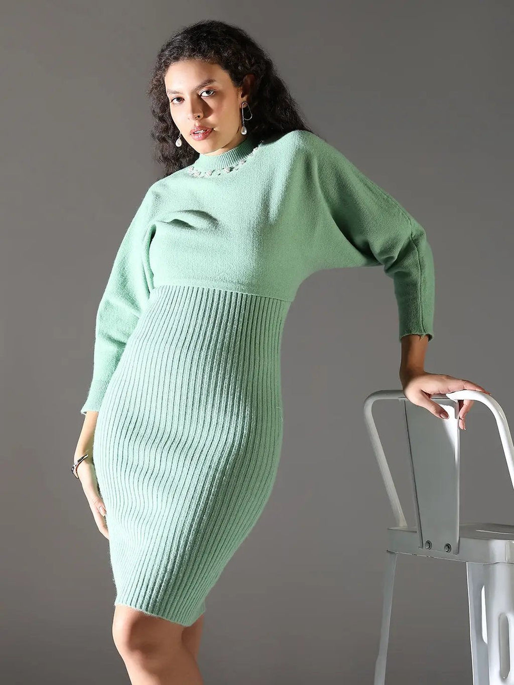 Women's Green Round Neck Bodycon Dress