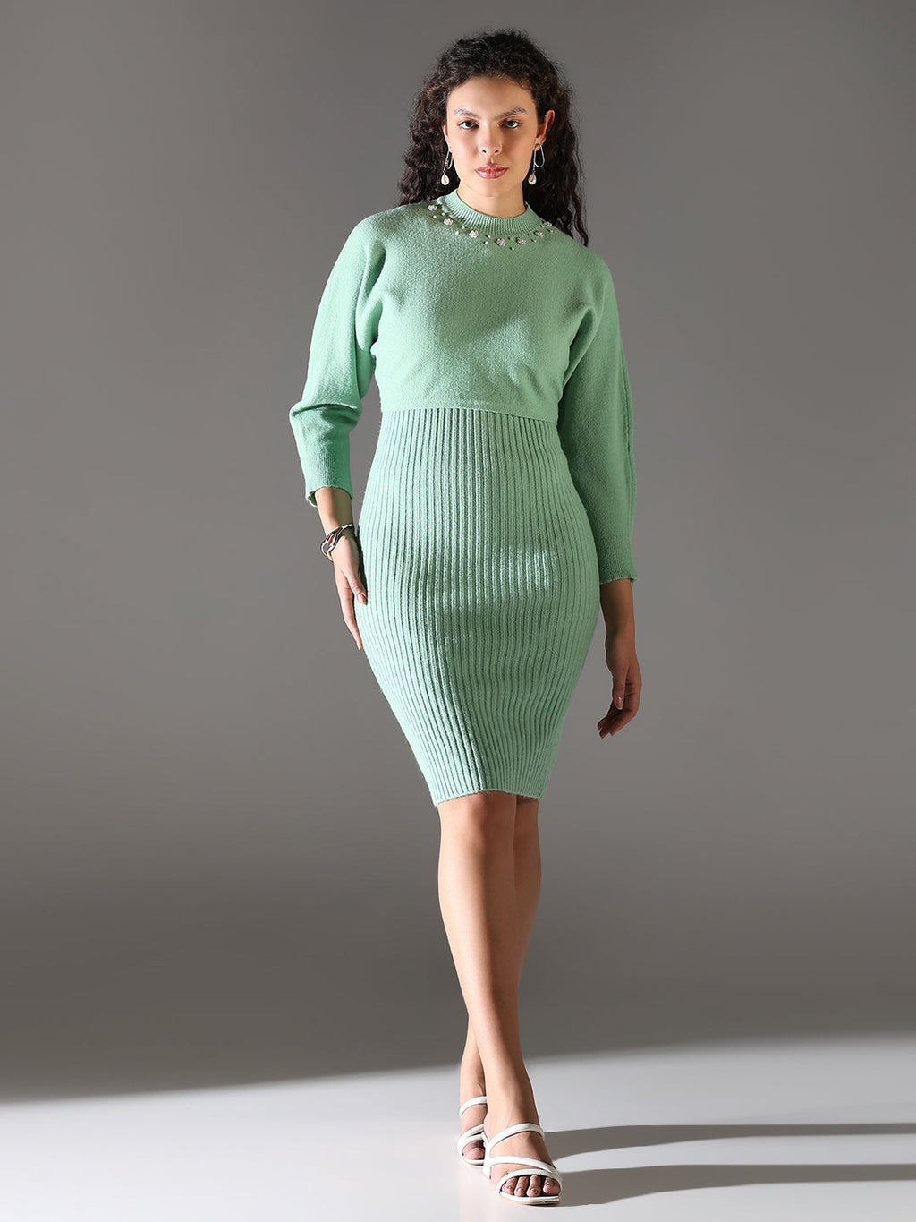 Women's Green Round Neck Bodycon Dress