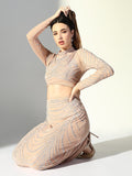 Women's Rhinestone Beige Crop Top with Maxi Skirt Co-Ords Set