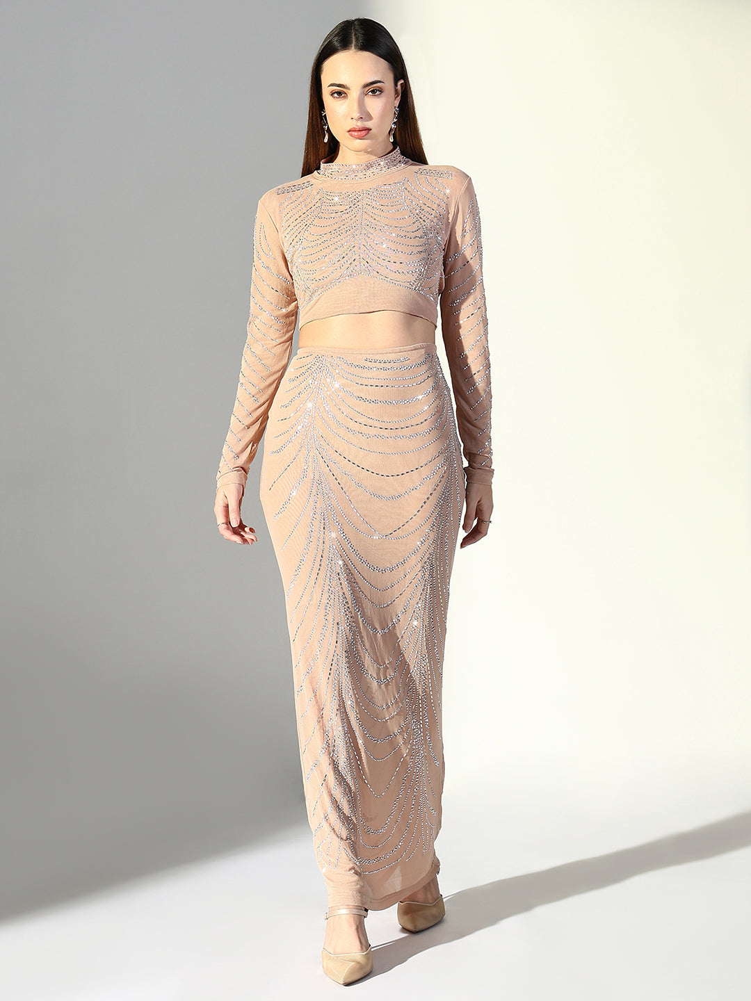 Women's Rhinestone Beige Crop Top with Maxi Skirt Co-Ords Set