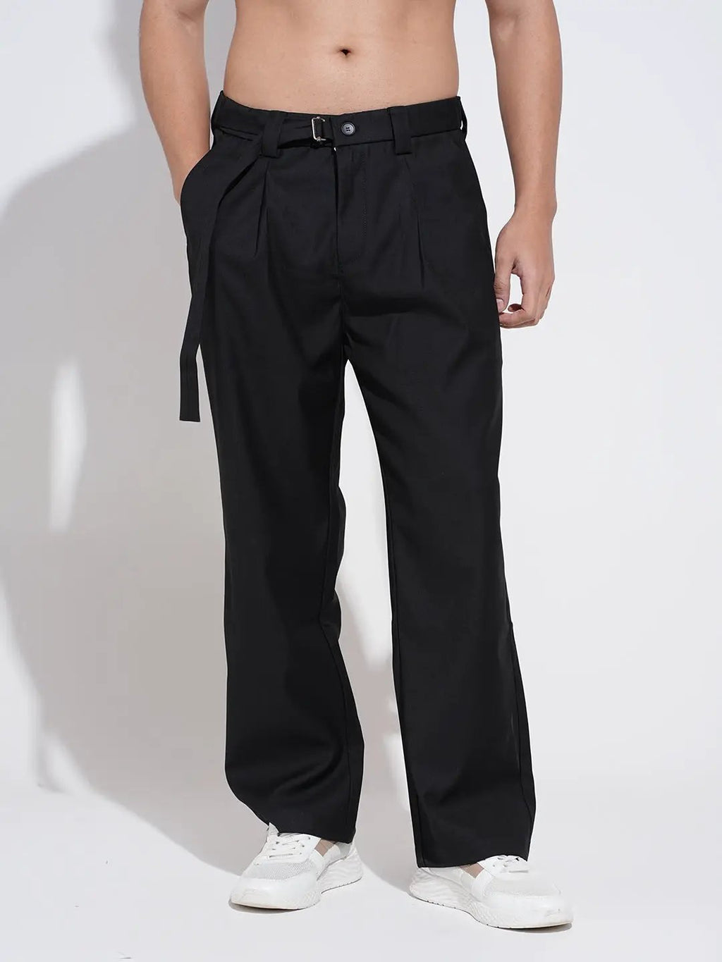 Men's Black Regular Fit Trousers with Adjustable Belt