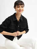 Women's Black Spread Collar Solid Cotton Casual Tailored Windcheater Jacket