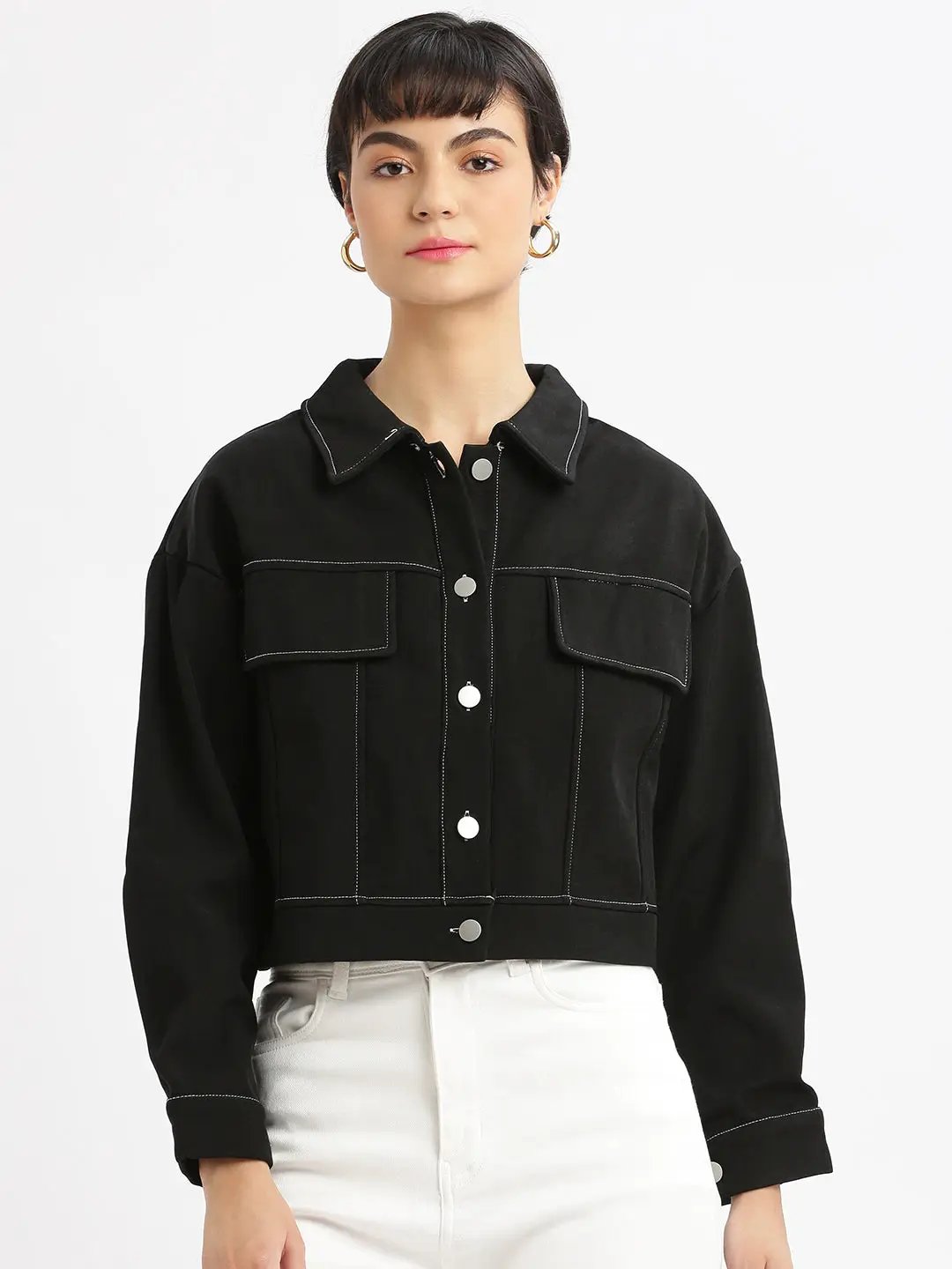 Women's Black Spread Collar Solid Cotton Casual Tailored Windcheater Jacket