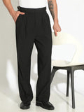 Men's Striped Black Straight Fit Pleated Korean Trousers