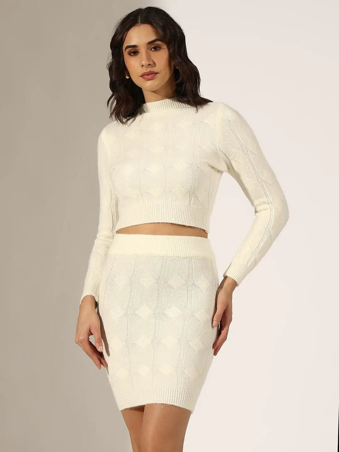 Women's Textured Off-White Knitted Crop Top with Skirt Co-Ord Set
