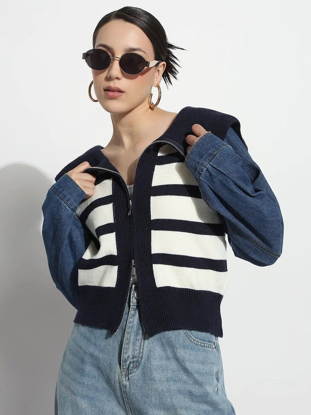 Women's Striped Blue Ribbed & Denim Panel Zipper Jacket