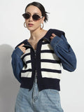 Women's Striped Blue Ribbed & Denim Panel Zipper Jacket