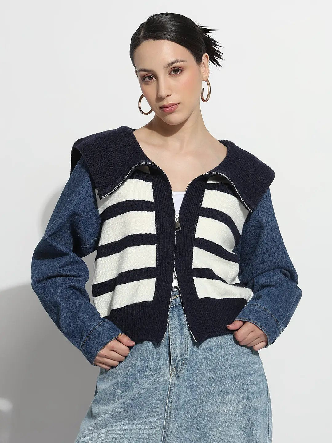 Women's Striped Blue Ribbed & Denim Panel Zipper Jacket