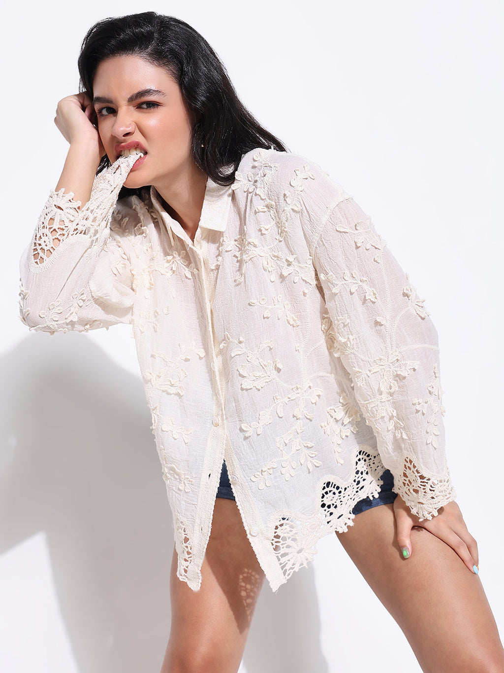 Women's Cream Comfort Semi Sheer Casual Shirt