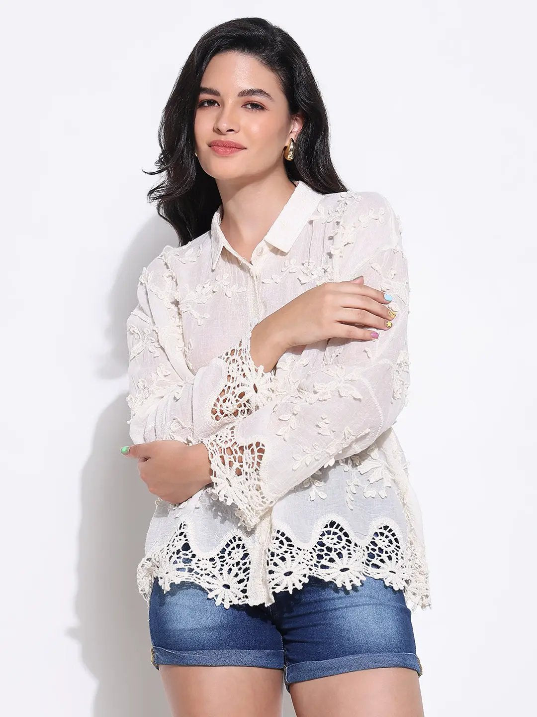 Women's Cream Comfort Semi Sheer Casual Shirt